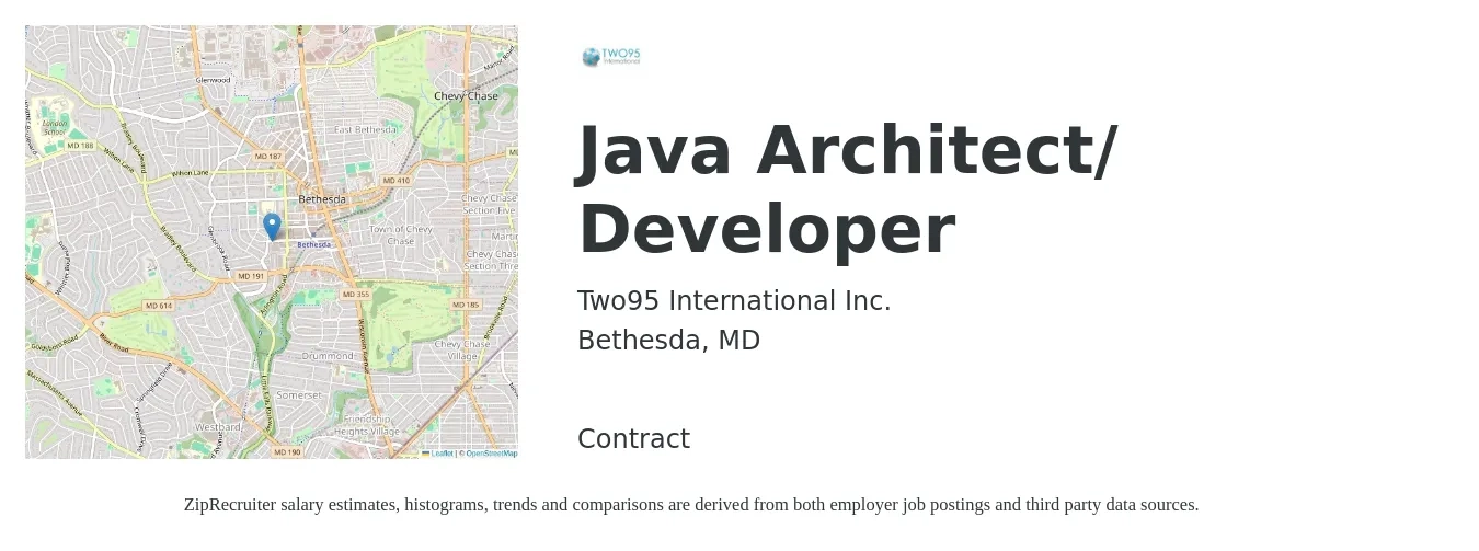 Two95 International Inc. job posting for a Java Architect/ Developer in Bethesda, MD with a salary of $68 to $91 Hourly with a map of Bethesda location.