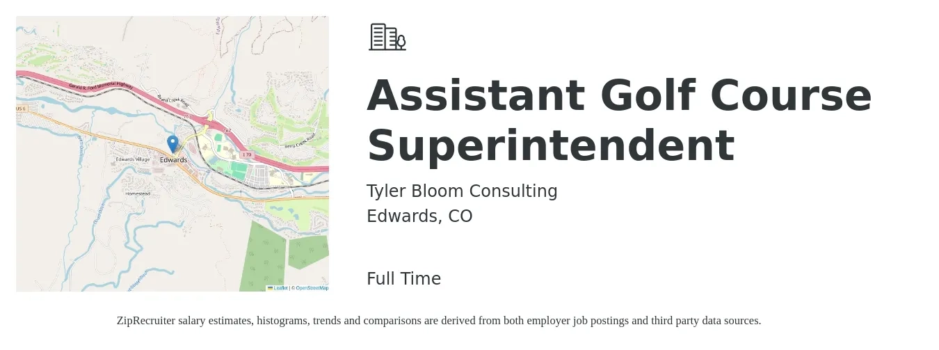Tyler Bloom Consulting job posting for a Assistant Golf Course Superintendent in Edwards, CO with a salary of $65,000 to $75,000 Yearly with a map of Edwards location.