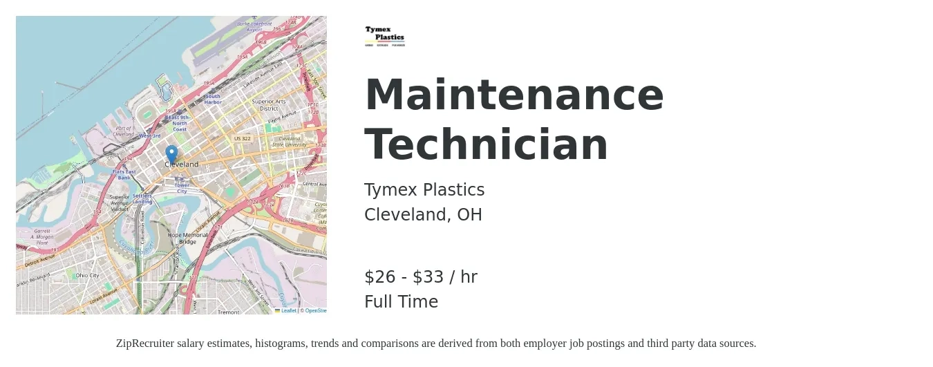 Tymex Plastics job posting for a Maintenance Technician in Cleveland, OH with a salary of $28 to $35 Hourly with a map of Cleveland location.