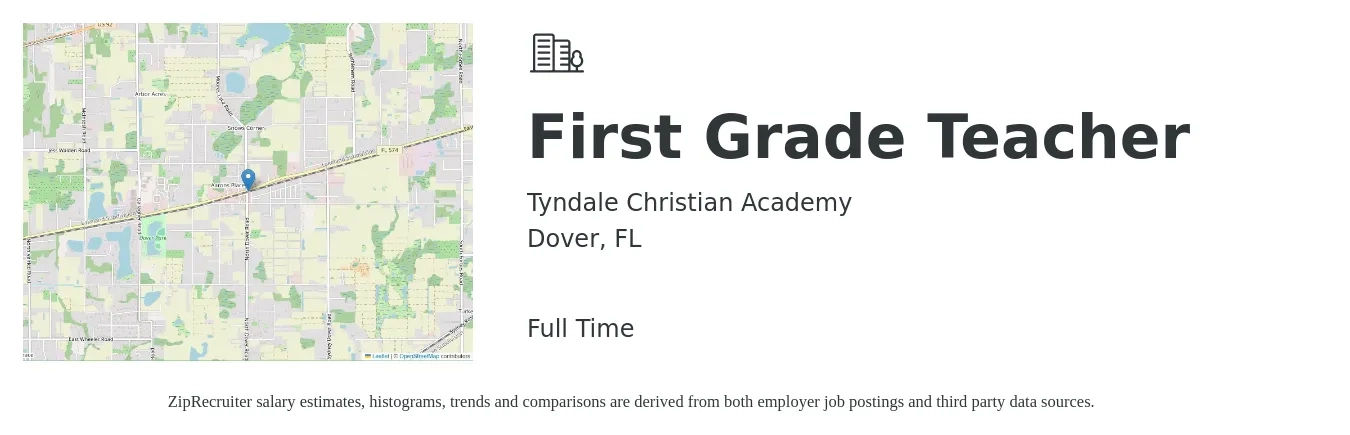Tyndale Christian Academy job posting for a First Grade Teacher in Dover, FL with a salary of $41,100 to $51,900 Yearly with a map of Dover location.