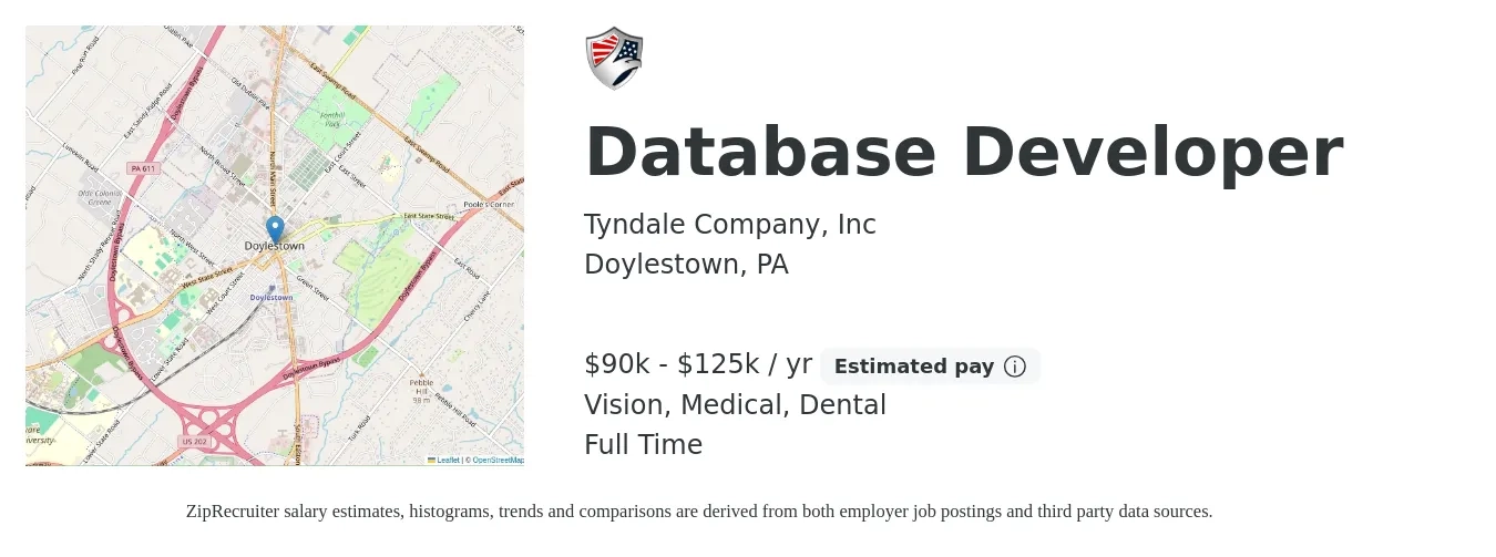 Tyndale Company, Inc job posting for a Database Developer in Doylestown, PA with a salary of $90,000 to $125,000 Yearly and benefits including life_insurance, medical, retirement, vision, and dental with a map of Doylestown location.