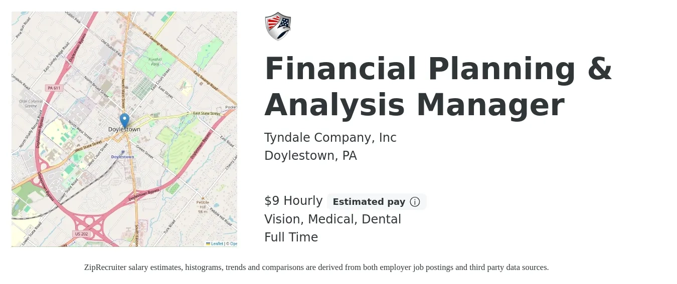 Tyndale Company, Inc job posting for a Financial Planning & Analysis Manager in Doylestown, PA with a salary of $10 Hourly and benefits including dental, life_insurance, medical, pto, retirement, and vision with a map of Doylestown location.