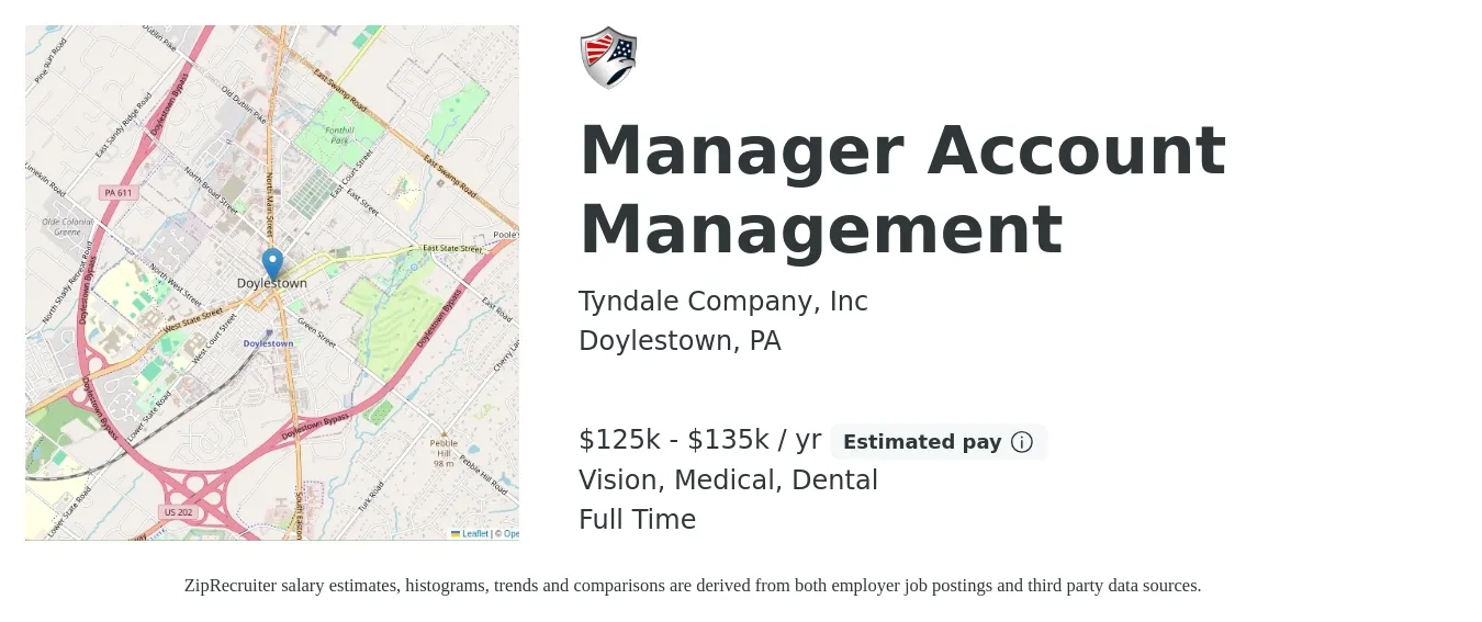 Tyndale Company, Inc job posting for a Manager Account Management in Doylestown, PA with a salary of $125,000 to $135,000 Yearly (plus commission) and benefits including retirement, vision, dental, life_insurance, medical, and pto with a map of Doylestown location.