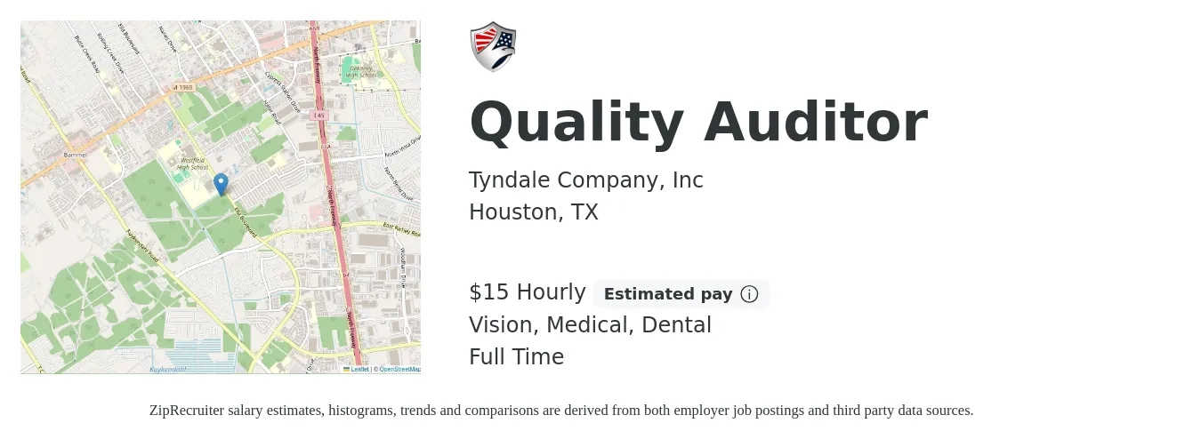 Tyndale Company, Inc job posting for a Quality Auditor in Houston, TX with a salary of $16 Hourly and benefits including vision, dental, life_insurance, medical, and retirement with a map of Houston location.