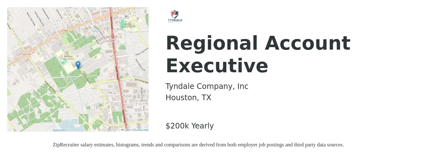 Tyndale Company, Inc job posting for a Regional Account Executive in Houston, TX with a salary of $115,000 to $125,000 Yearly and benefits including vision, dental, life_insurance, medical, and retirement with a map of Houston location.
