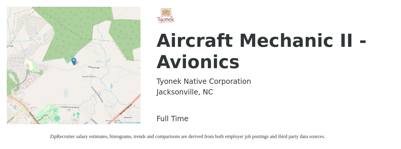 Tyonek Native Corporation job posting for a Aircraft Mechanic II - Avionics in Jacksonville, NC with a salary of $18 to $30 Hourly with a map of Jacksonville location.