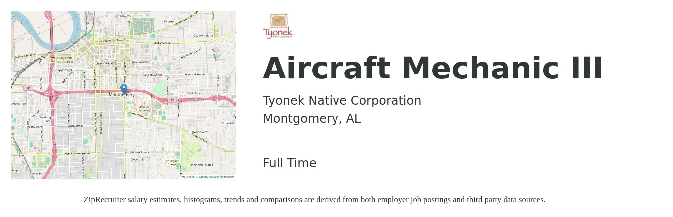 Tyonek Native Corporation job posting for a Aircraft Mechanic III in Montgomery, AL with a salary of $27 to $36 Hourly with a map of Montgomery location.