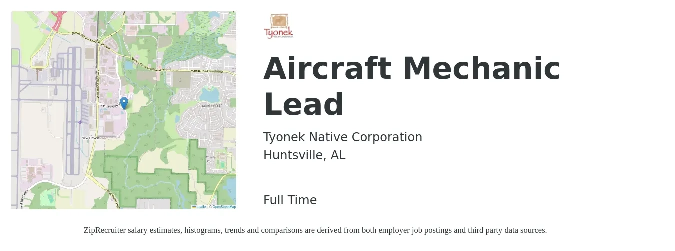 Tyonek Native Corporation job posting for a Aircraft Mechanic Lead in Huntsville, AL with a salary of $25 to $33 Hourly with a map of Huntsville location.