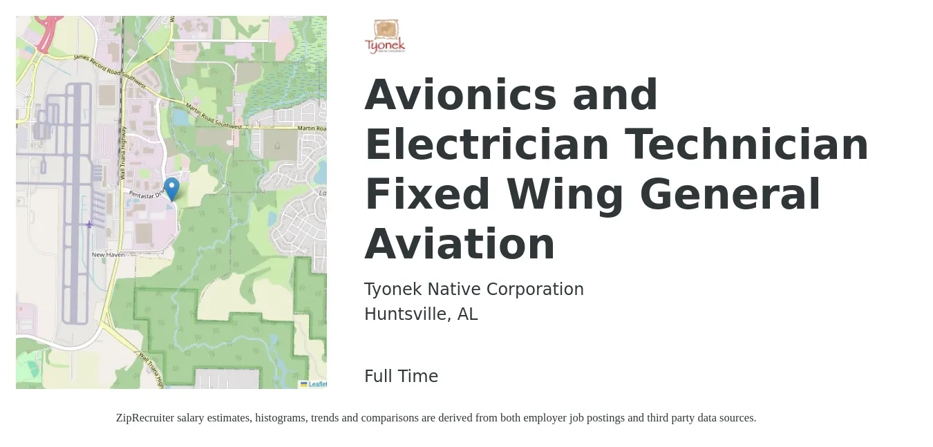 Tyonek Native Corporation job posting for a Avionics and Electrician Technician Fixed Wing General Aviation in Huntsville, AL with a salary of $28 to $36 Hourly with a map of Huntsville location.