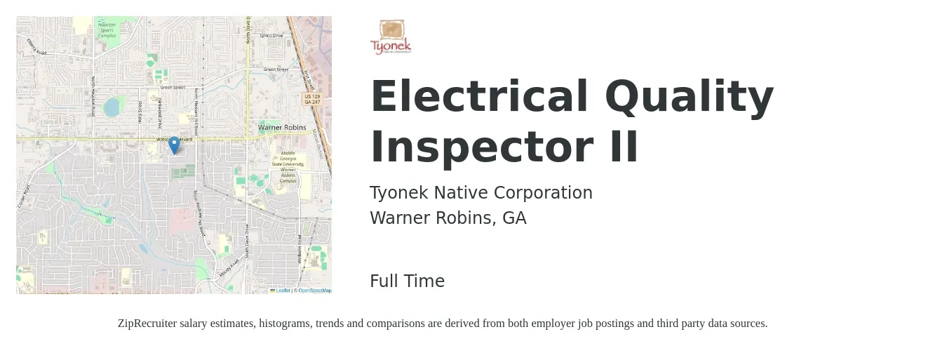 Tyonek Native Corporation job posting for a Electrical Quality Inspector II in Warner Robins, GA with a salary of $15 to $21 Hourly with a map of Warner Robins location.