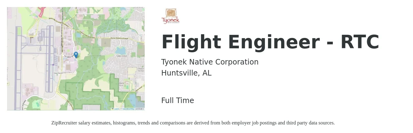 Tyonek Native Corporation job posting for a Flight Engineer - RTC in Huntsville, AL with a salary of $98,800 to $119,600 Yearly with a map of Huntsville location.