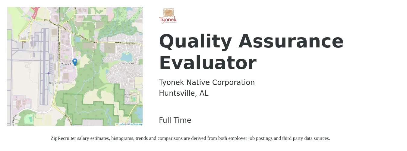 Tyonek Native Corporation job posting for a Quality Assurance Evaluator in Huntsville, AL with a salary of $18 to $26 Hourly with a map of Huntsville location.