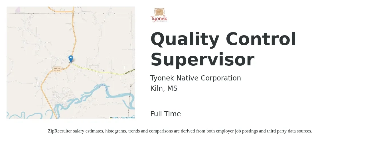 Tyonek Native Corporation job posting for a Quality Control Supervisor in Kiln, MS with a salary of $48,300 to $79,800 Yearly with a map of Kiln location.