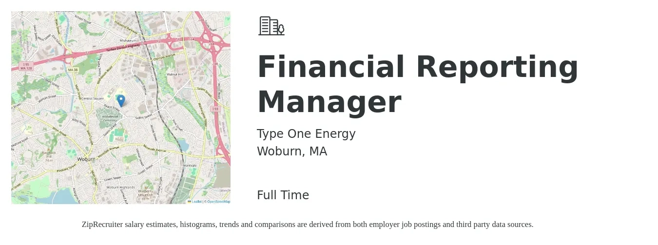 Type One Energy job posting for a Financial Reporting Manager in Woburn, MA with a salary of $108,900 to $147,900 Yearly with a map of Woburn location.