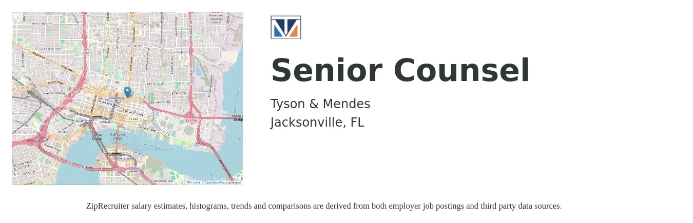 Tyson & Mendes job posting for a Senior Counsel in Jacksonville, FL with a salary of $94,000 to $149,200 Yearly with a map of Jacksonville location.