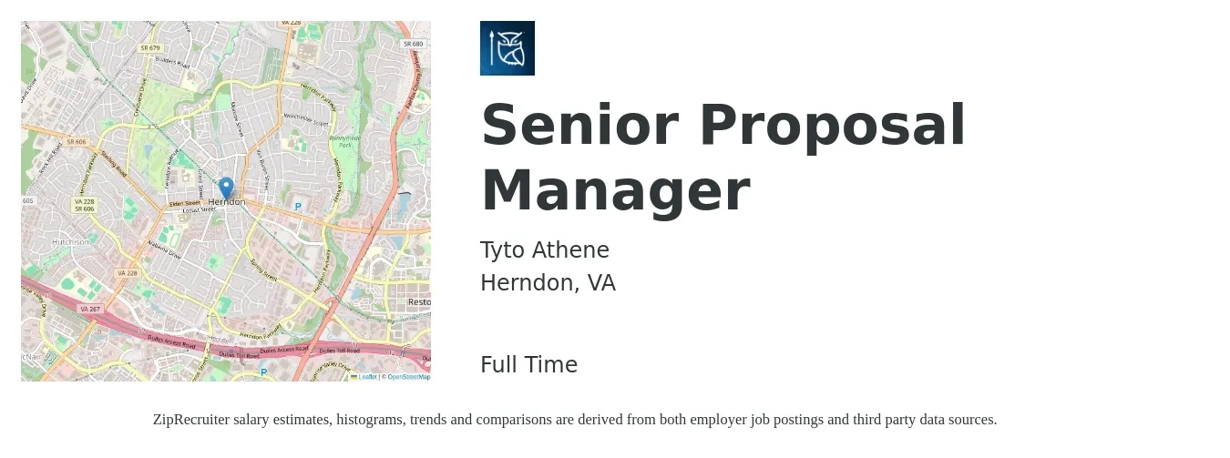 Tyto Athene job posting for a Senior Proposal Manager in Herndon, VA with a salary of $82,700 to $121,200 Yearly with a map of Herndon location.