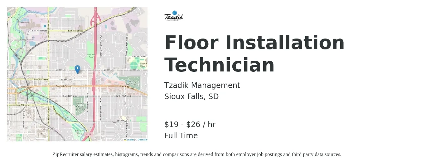Tzadik Management job posting for a Floor Installation Technician in Sioux Falls, SD with a salary of $20 to $28 Hourly with a map of Sioux Falls location.