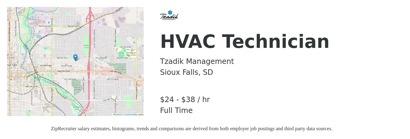 Tzadik Management job posting for a HVAC Technician in Sioux Falls, SD with a salary of $25 to $40 Hourly with a map of Sioux Falls location.