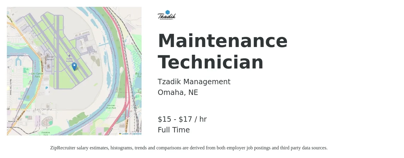 Tzadik Management job posting for a Maintenance Technician in Omaha, NE with a salary of $16 to $18 Hourly with a map of Omaha location.