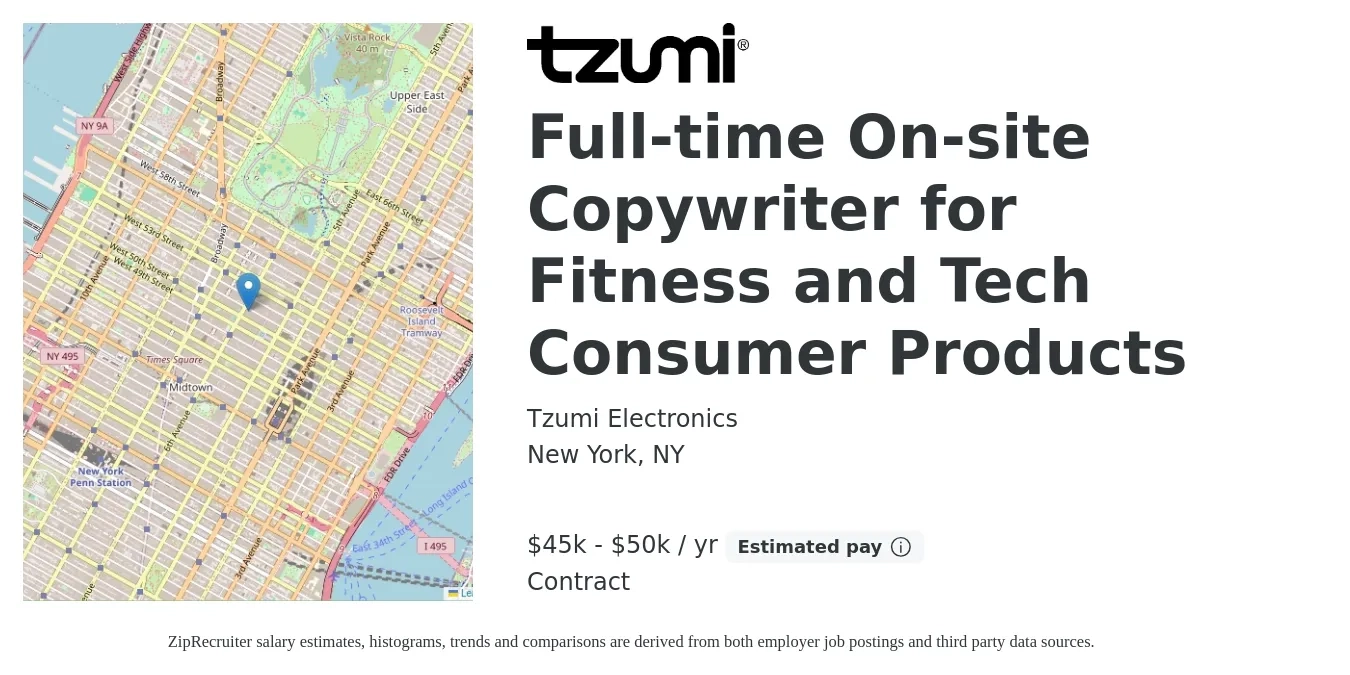 Tzumi Electronics job posting for a Full-time On-site Copywriter for Fitness and Tech Consumer Products in New York, NY with a salary of $45,000 to $50,000 Yearly with a map of New York location.