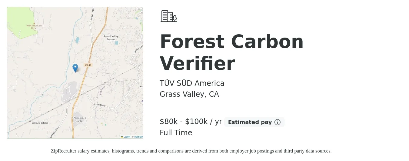 TÜV SÜD America job posting for a Forest Carbon Verifier in Grass Valley, CA with a salary of $80,000 to $100,000 Yearly with a map of Grass Valley location.