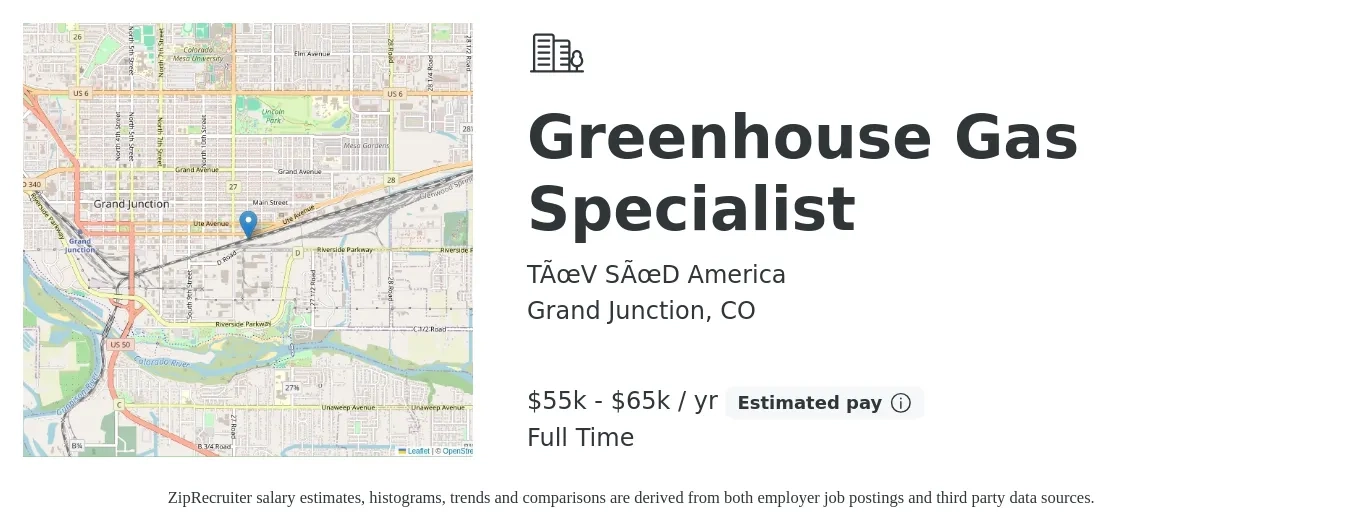 TÜV SÜD America job posting for a Greenhouse Gas Specialist in Grand Junction, CO with a salary of $55,000 to $65,000 Yearly with a map of Grand Junction location.