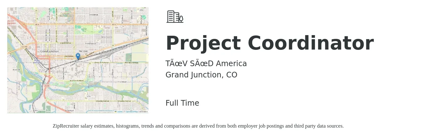 TÜV SÜD America job posting for a Project Coordinator in Grand Junction, CO with a salary of $28 to $32 Hourly with a map of Grand Junction location.