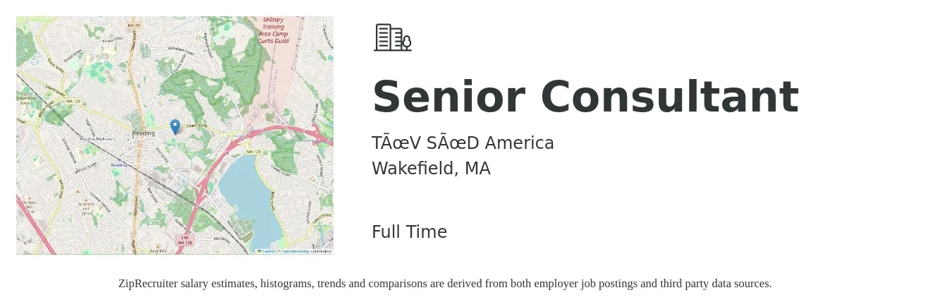 TÜV SÜD America job posting for a Senior Consultant in Wakefield, MA with a salary of $92,200 to $145,500 Yearly with a map of Wakefield location.