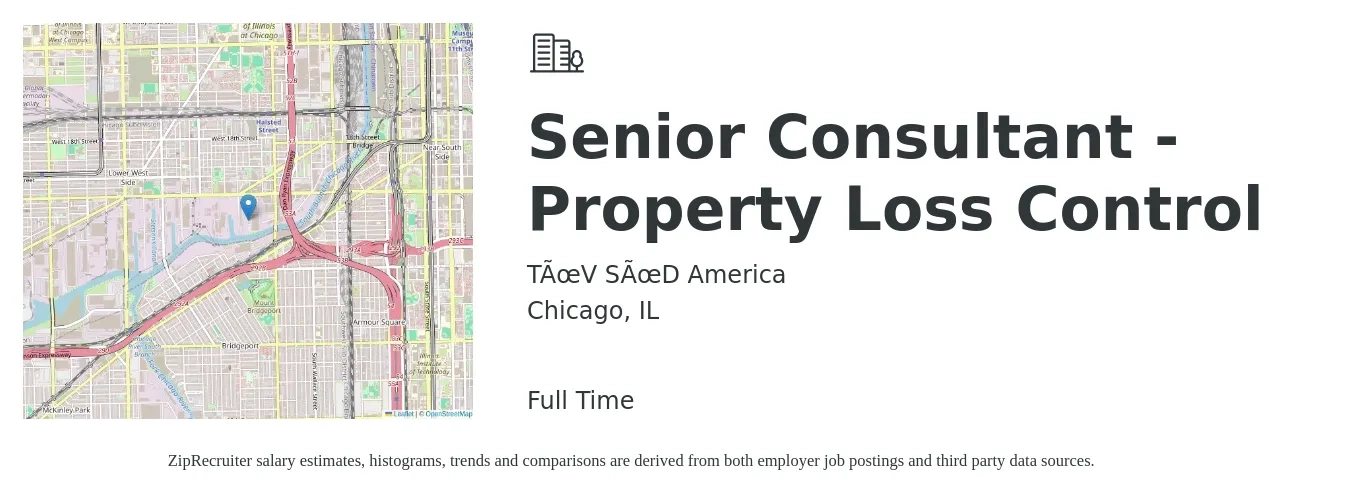 TÜV SÜD America job posting for a Senior Consultant - Property Loss Control in Chicago, IL with a salary of $76,200 to $112,500 Yearly with a map of Chicago location.