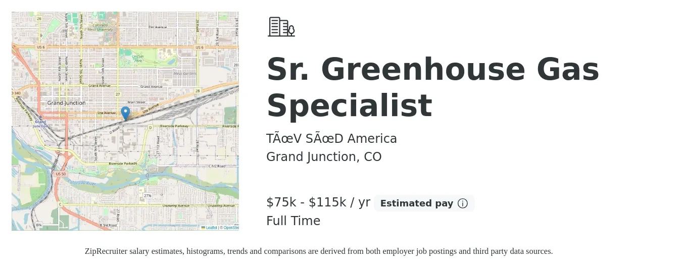 TÜV SÜD America job posting for a Sr. Greenhouse Gas Specialist in Grand Junction, CO with a salary of $75,000 to $115,000 Yearly with a map of Grand Junction location.