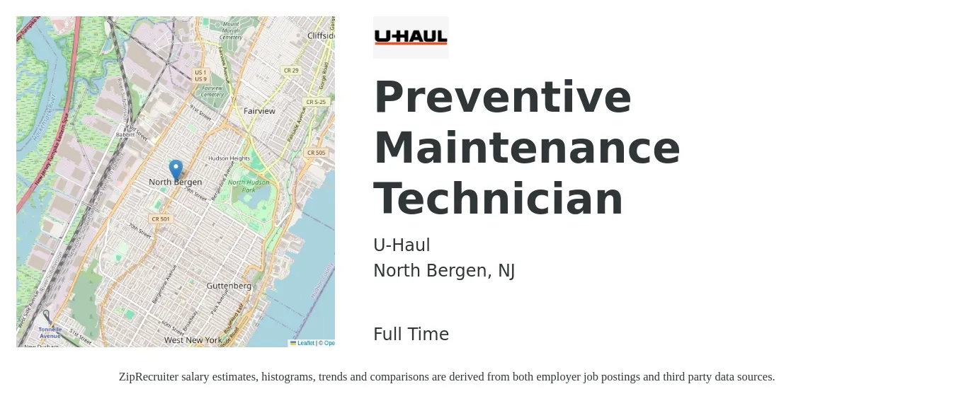 U-Haul job posting for a Preventive Maintenance Technician in North Bergen, NJ with a salary of $20 to $28 Hourly with a map of North Bergen location.
