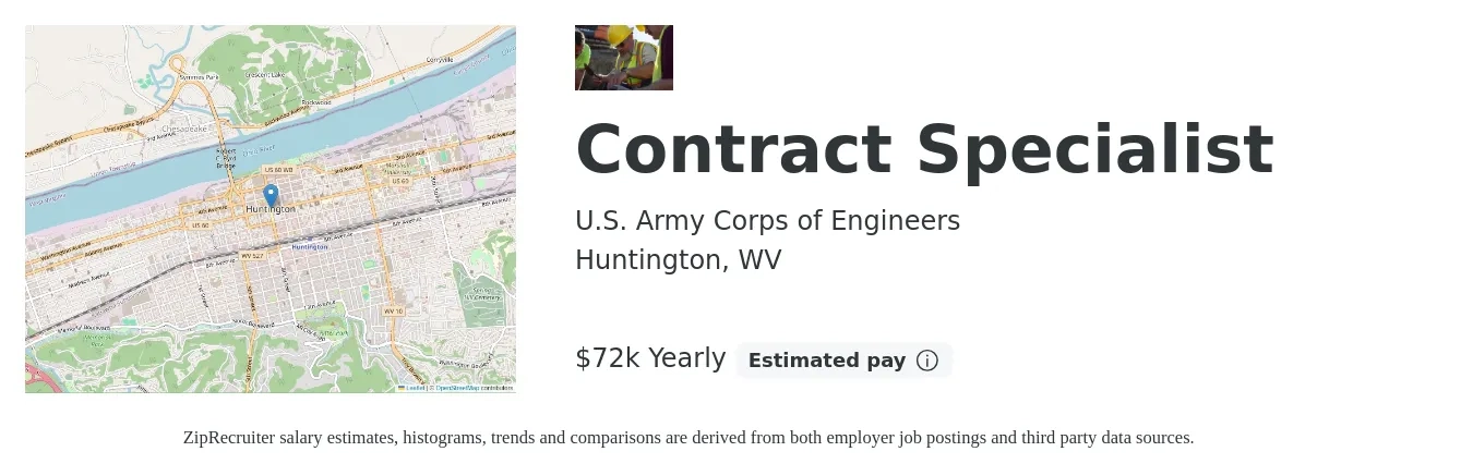 U.S. Army Corps of Engineers job posting for a Contract Specialist in Huntington, WV with a salary of $72,553 Yearly with a map of Huntington location.
