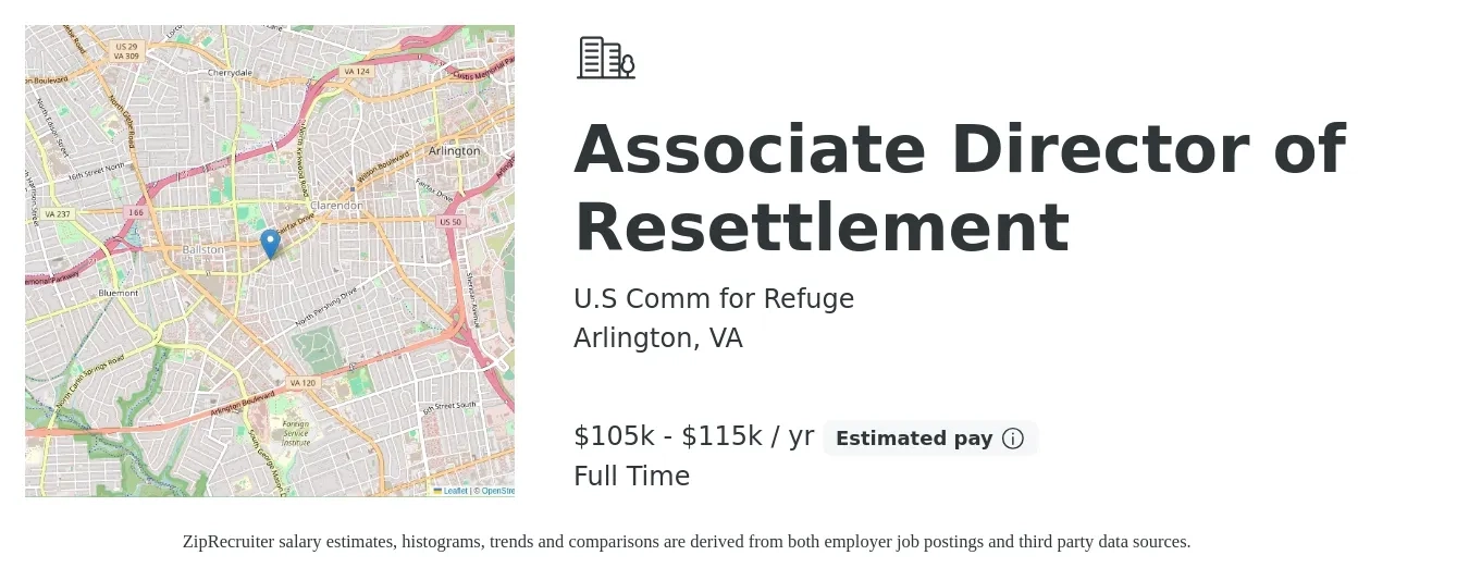 U.S Comm for Refuge job posting for a Associate Director of Resettlement in Arlington, VA with a salary of $105,000 to $115,000 Yearly with a map of Arlington location.