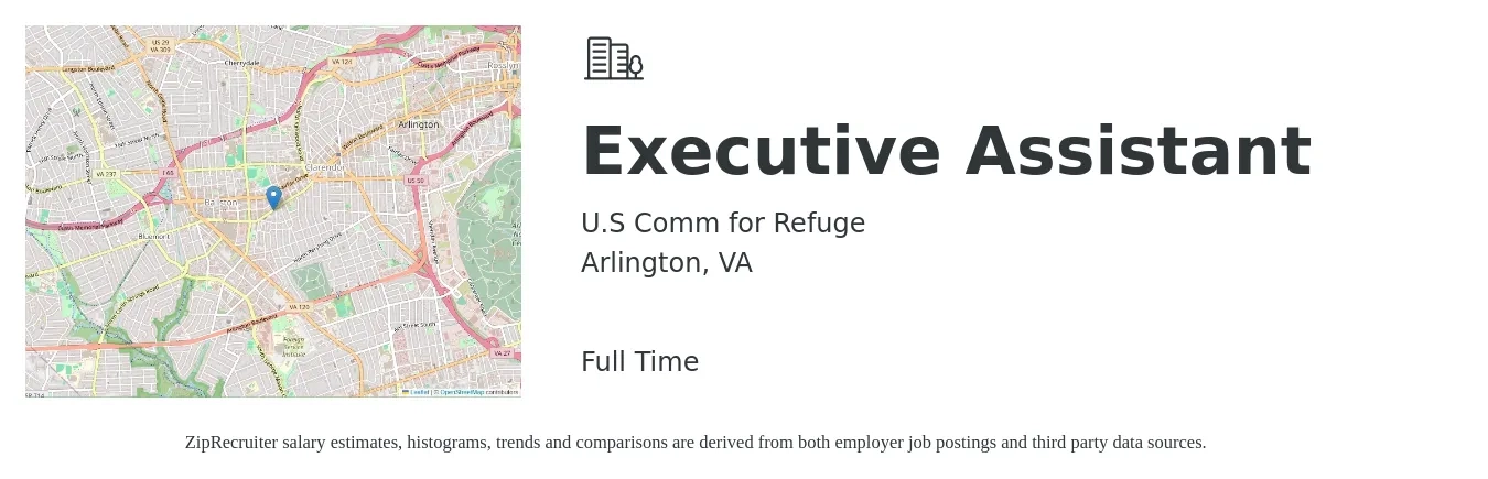 U.S Comm for Refuge job posting for a Executive Assistant in Arlington, VA with a salary of $57,100 to $85,700 Yearly with a map of Arlington location.