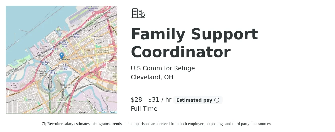 U.S Comm for Refuge job posting for a Family Support Coordinator in Cleveland, OH with a salary of $29 to $33 Hourly with a map of Cleveland location.