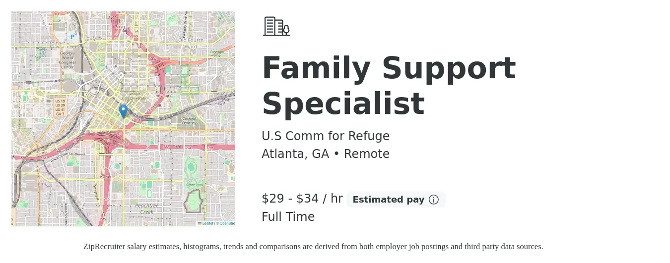U.S Comm for Refuge job posting for a Family Support Specialist in Atlanta, GA with a salary of $31 to $36 Hourly with a map of Atlanta location.