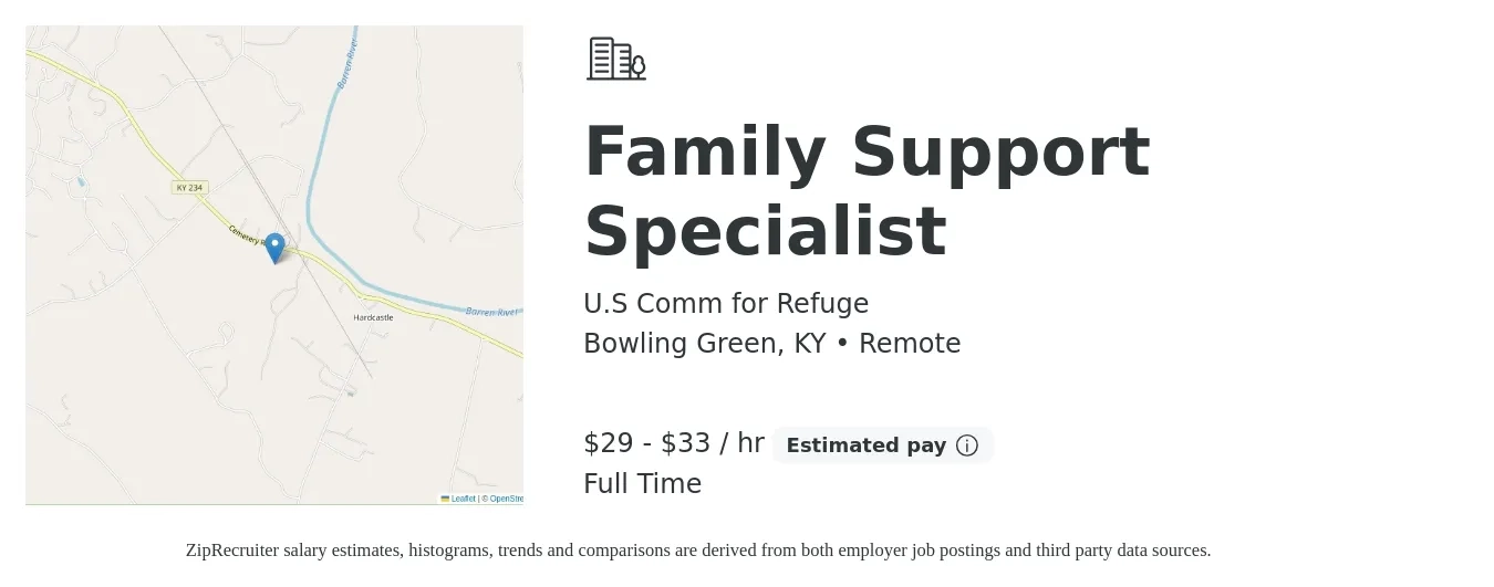 U.S Comm for Refuge job posting for a Family Support Specialist in Bowling Green, KY with a salary of $31 to $35 Hourly with a map of Bowling Green location.