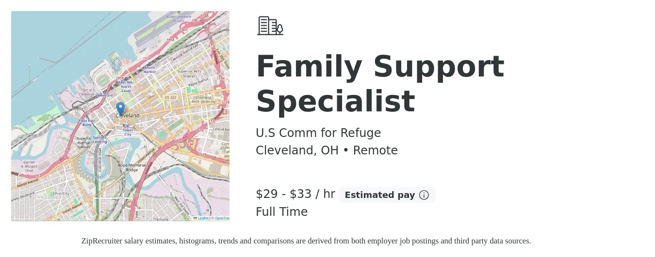 U.S Comm for Refuge job posting for a Family Support Specialist in Cleveland, OH with a salary of $31 to $35 Hourly with a map of Cleveland location.