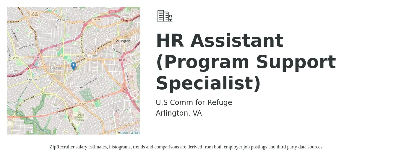 U.S Comm for Refuge job posting for a HR Assistant (Program Support Specialist) in Arlington, VA with a salary of $62,800 to $75,400 Yearly with a map of Arlington location.