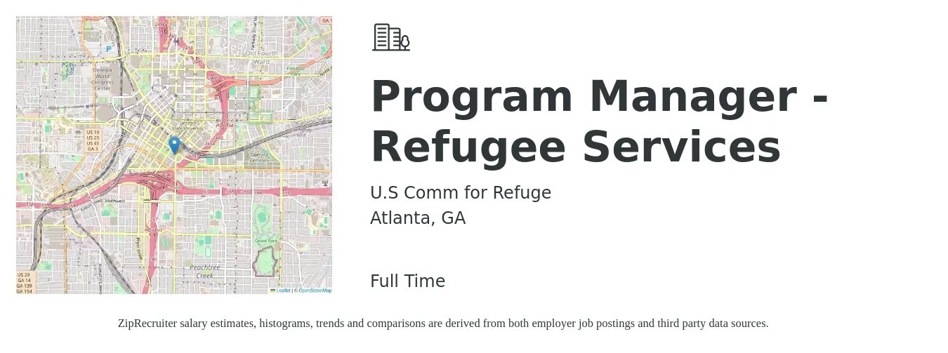 U.S Comm for Refuge job posting for a Program Manager - Refugee Services in Atlanta, GA with a salary of $50,400 to $84,600 Yearly with a map of Atlanta location.