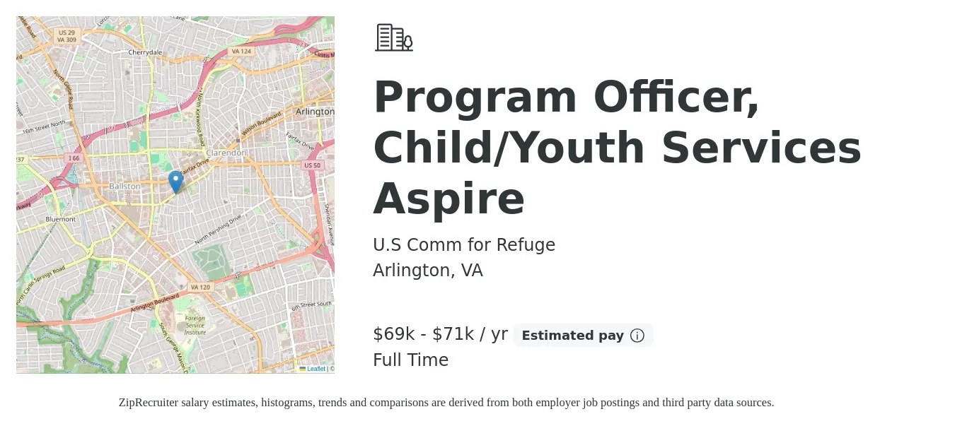 U.S Comm for Refuge job posting for a Program Officer, Child/Youth Services Aspire in Arlington, VA with a salary of $69,000 to $71,500 Yearly with a map of Arlington location.