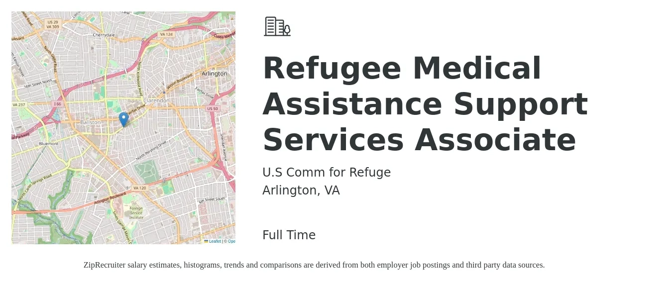 U.S Comm for Refuge job posting for a Refugee Medical Assistance Support Services Associate in Arlington, VA with a salary of $20 to $25 Hourly with a map of Arlington location.
