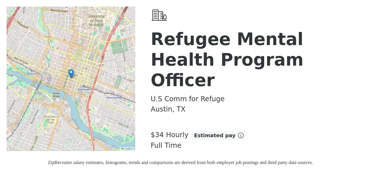 U.S Comm for Refuge job posting for a Refugee Mental Health Program Officer in Austin, TX with a salary of $36 Hourly with a map of Austin location.