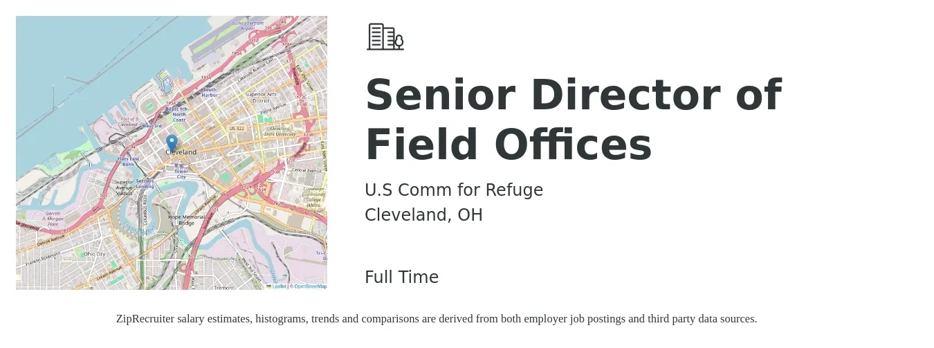 U.S Comm for Refuge job posting for a Senior Director of Field Offices in Cleveland, OH with a salary of $57,400 to $134,400 Yearly with a map of Cleveland location.
