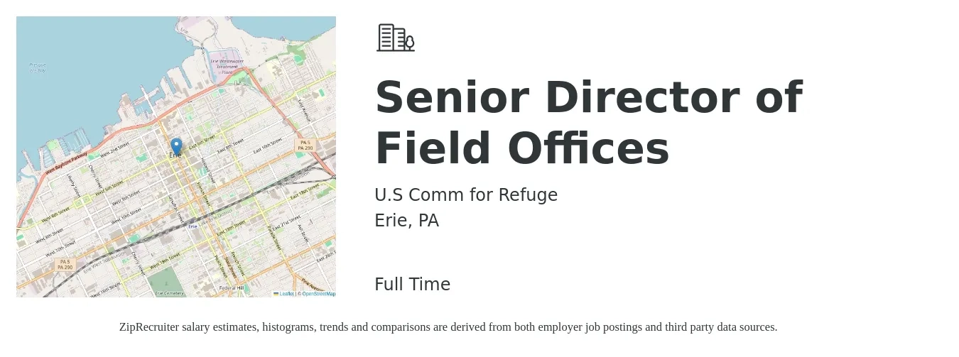 U.S Comm for Refuge job posting for a Senior Director of Field Offices in Erie, PA with a salary of $58,200 to $136,400 Yearly with a map of Erie location.