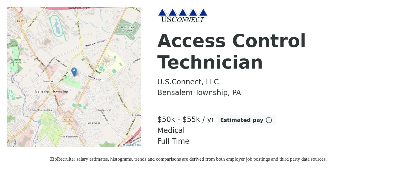U.S.Connect, LLC job posting for a Access Control Technician in Bensalem Township, PA with a salary of $50,000 to $55,000 Yearly (plus commission) and benefits including medical, pto, and retirement with a map of Bensalem Township location.