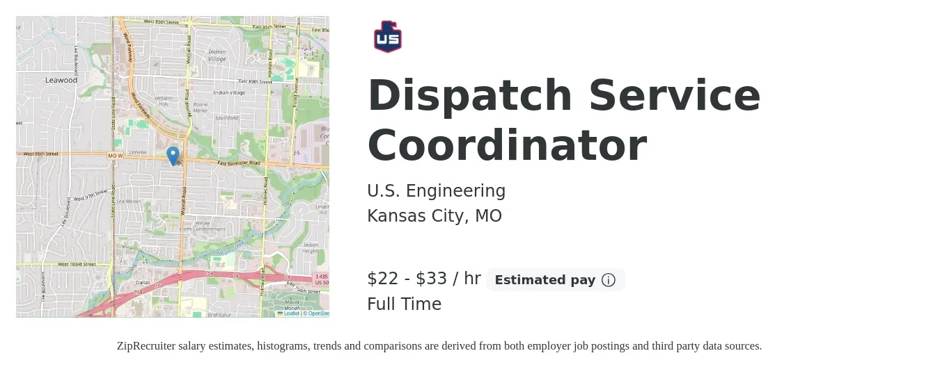 U.S. Engineering job posting for a Dispatch Service Coordinator in Kansas City, MO with a salary of $23 to $35 Hourly with a map of Kansas City location.