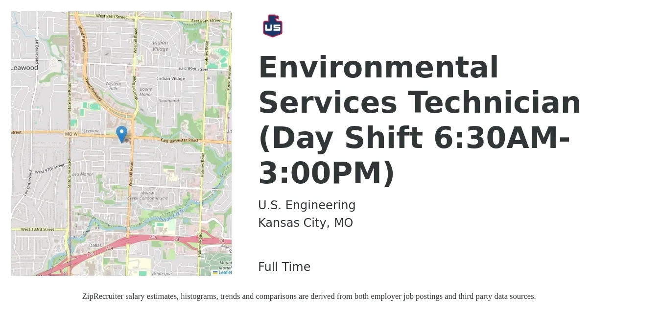 U.S. Engineering job posting for a Environmental Services Technician (Day Shift 6:30AM-3:00PM) in Kansas City, MO with a salary of $20 Hourly with a map of Kansas City location.