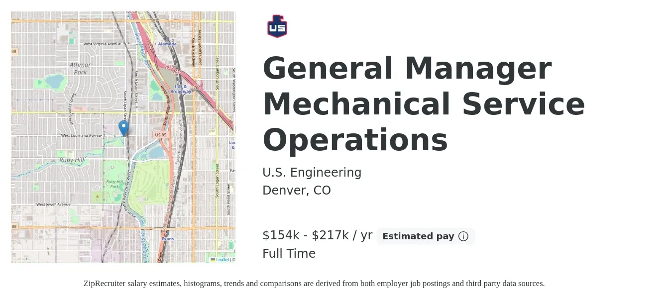 U.S. Engineering job posting for a General Manager Mechanical Service Operations in Denver, CO with a salary of $154,000 to $217,000 Yearly with a map of Denver location.
