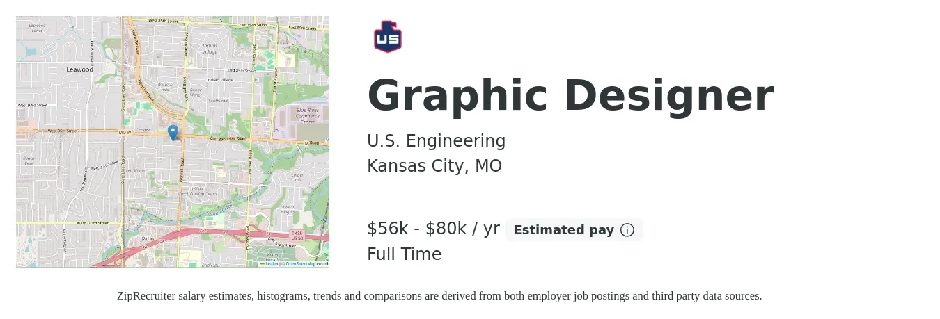 U.S. Engineering job posting for a Graphic Designer in Kansas City, MO with a salary of $56,800 to $80,230 Yearly with a map of Kansas City location.